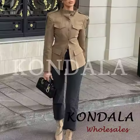 KONDALA Chic 2026 Woman Spring Office Lady Solid Khaki Blazer Single Breasted Slim Jackets Pockets E