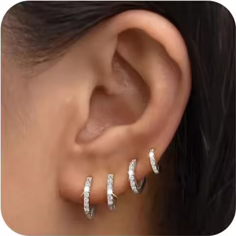 4 Pairs Small 925 Silver Plated CZ Hoop Earrings Set Cartilage Helix Sparkling Cubic Zirconia Huggie
