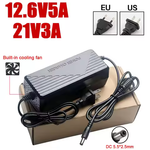 US EU Plug 12.6V5A 21V3A 18650 Lithium Battery Charger DC 5.5*5.2mm with Cooling fan li-ion Battery 