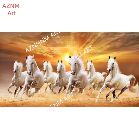 1PC ，7 White Running Horses Canvas Painting Animal Posters and Prints Wall Art Picture