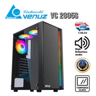 VENUZ ATX Tempered Glass Gaming Case VC2805G with LED RGB Strip &amp; RGB Fan x 3 – Black