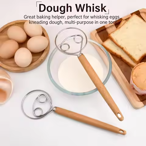 1PC Oak Handle Flour Blender Danish Dough Blender Stainless Steel Coil Eggbeater Tool