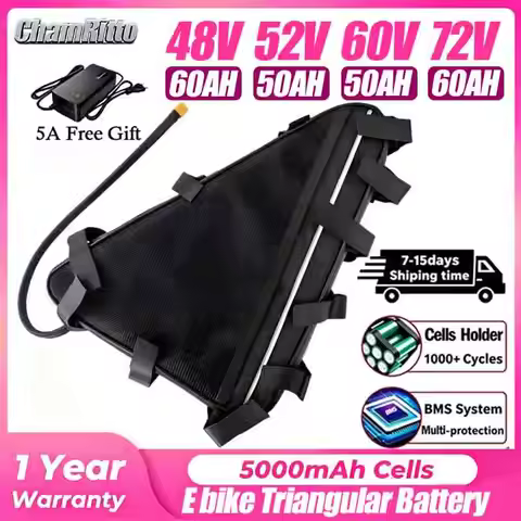 Ebike Lithium Battery with Charger, Huge Capacity Triangle Battery,36V,48V,52V,60V,72V,20Ah,24Ah 30A