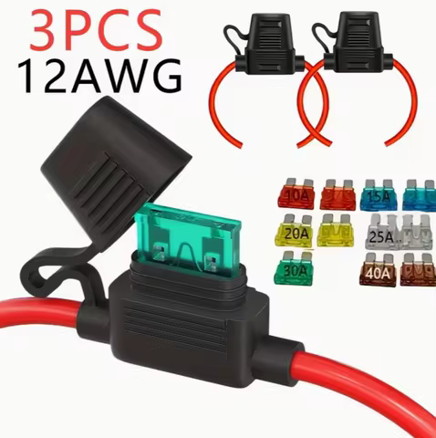 3pcs 12AWG Inline Fuse Holders for 12V ATC/ATO Blades - Includes 10A, 15A, 20A, 25A, 30A, 40A Fuses 