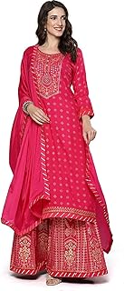 Rushifab Rayon Embroidered Foli Printed Stitched Kurta Skirt Set with Gota Patti Dupatta, PINK, 3XL,