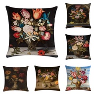 45X45cm Bouquet of Flowers on a Ledge by Ambrosius Bosschaert Linen Single Side Print Throw Pillow C