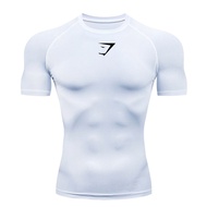 GYMSHARK Compression Short Sleeve Shirt Men's Running T-Shirt White Summer Quick Drying Gym Workout 