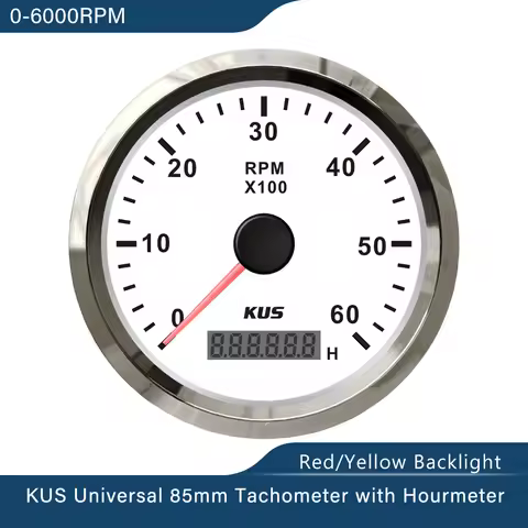 KUS 85mm Tachometer RPM Gauge REV Meter with Hour Meter 3000RPM 4000RPM 6000RPM 8000RPM 12V/24V with