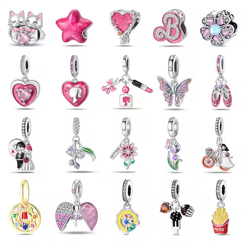 925 Sterling Silver Pink Butterfly Shoes Heart Charm Poodle Beads for 3mm Original Bracelet DIY Jewe