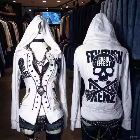 Retro Dark Style Zipper Hoodie Y2K Clothes Womens Hip Hop Skull Patch Embroidery White Oversized Swe