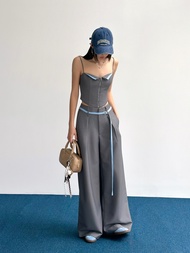 Quần Dáng Suông Ống Rộng Màu Xám Phối Dây Belt Màu Xanh Dương - HOO DESIGN