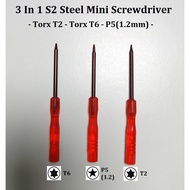 3 In 1 S2 Steel Mini Screwdriver Set - P2 (0.8mm), P5 (1.2mm), Torx T6 - DIY Electronics Repair Kit
