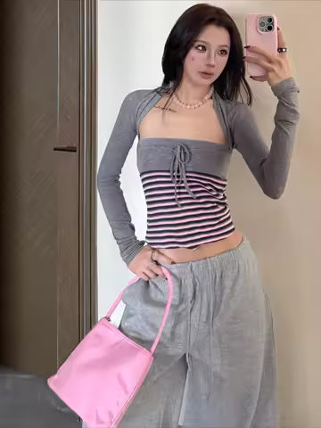 Streetwear Two Piece Sets Y2k Aesthetic Crop Grunge Cardigan + Vintage Stripe Patchwork Drawstring S