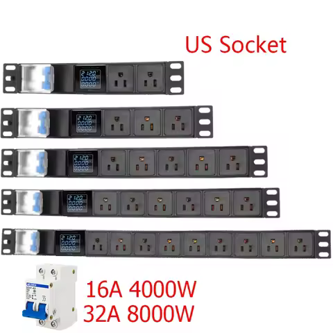 PDU Power Strip Distribution Unit 16/32A air switch 2-8 Way 3Pin USA Outlet Socket Ampere/Volt/Watt 