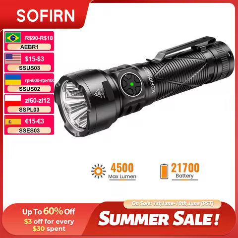SOFIRN SR15 Rechargeable Flashlight 4500lm Super Bright Long Beam Distance EDC Torch for Camping Fis