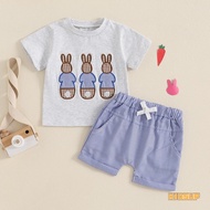 KIDSUP-2Pcs Baby Boy Easter Outfits Short Sleeve Bunny Embroidery T-Shirt + Shorts Set Toddler Cloth
