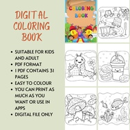 Simple Kids Coloring Book | E-Book| Cute fruits, animal | Kawaii Coloring E-Book| Digital Book Buku 