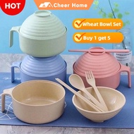 5 pcs Set Wheat Straw Bowl Set with Lid ramen bowl noodle bowl salad bowl Lunch Box sudu garfu set c