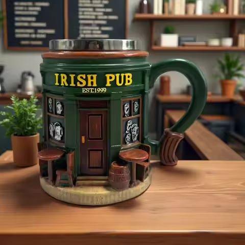Irish Pub 3D Resin Mug with Inner Liner, Vintage Bar Decor Cup, Heat-Resistant Coffee Tea Beer Mug f