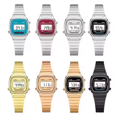 Women's Classic Simple Petite Electronic Quartz Watch Stainless Steel Square Slim Digital Digital LA