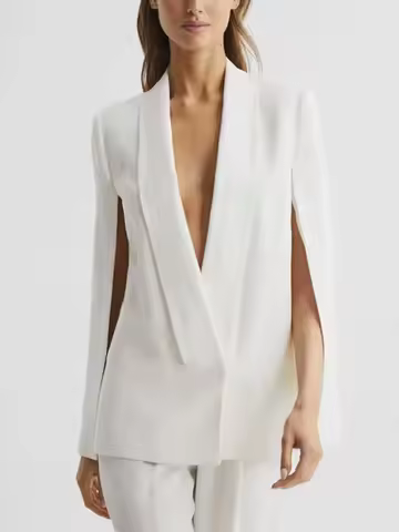 Yeezzi Women's White Deep V-Neck Cape Style Blazers 2025 New Autumn Elegant Formal Business Office S