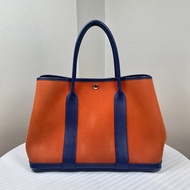 愛馬仕/Hermes Garden Party 36 橘色帆布拼藍色皮革單肩手提包 花園包36x17x26cm