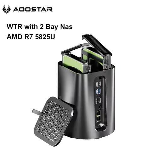 AOOSTAR WTR R7 5825U Mini PC 2-Bay NAS Ryzen 2x 2.5/3.5inch HDD RAID 8-Core WiFi6 Dual 2.5G LAN Virt