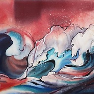 Seascape with waves. Watercolor painting on paper. Hokusai style