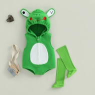 Baby Halloween Frog Costume Sleeveless Hood Zip Up Romper Long Socks