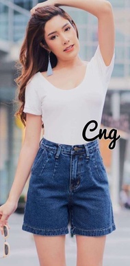 January shop กางเกงยีนส์ 3 ส่วนสีเข้ม ผ้าไม่ยึด เอวสูง ทรงสวย