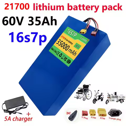 High Capacity New 60V 35Ah 21700 Lithium Battery Pack 16S 7P 0-3000W Battery High Power+5A Charger