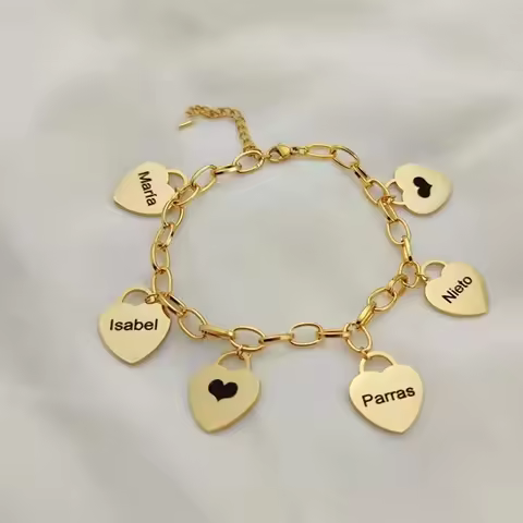 Customized Heart Bracelet for Women1-8 Names Engraved Hearts Charms Pendant Stainless Steel Bracelet