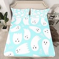 Teal Blue White Fitted Sheet Set with 2 Pillowcase,Cute Cartoon Ghost Style Microfiber Mattress Cover,Kids Skull Ghost Bed Cover Queen Size