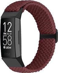 Women Men Elastic Braided Solo Loop Stretchy Straps Nylon SportBand Wristband For Fitbit Charge 4 / Fitbit Charge 3(Burgundy)