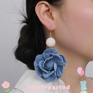 LIGHTHEARTED Denim Blue Fabric Earrings, Handmade Exaggerate Blue Rose Earrings, Ornament Denims Flo