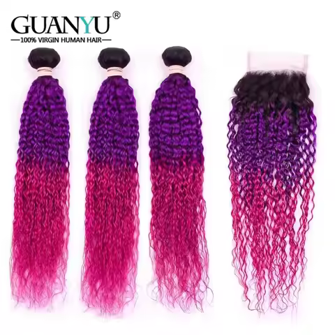 #T1B/Purple/Rose Red Kinky Curly Ombre Color Hair Bundles with Closure Human Hair Wefts 3 Bundles wi
