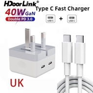 HdoorLink 40W/20W/35W USB C Fast Charger UK Plug Dual PD Fast Charger Dual Type-c Port Adapter