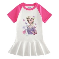 Flower Butterfly Elsa Princess Frozen Pleated Birthday Party Princess Pleated Dress for Kids Girls 1 2 3 4 5 6 7 8 Years Cartoon Short Sleeve Cotton