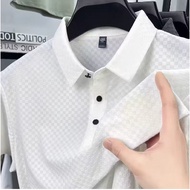 0 Checkerboard Ice Silk Breathable High-End Short-Sleeved T-Shirt Men Lapel Jacquard Cool Seamless P