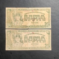 Uang Kuno Seri ORI II 5 Rupiah Tahun 1947 VF 2 Lembar