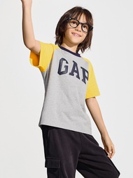兒童裝|Logo/小熊印花純棉圓領短袖T恤-灰黃撞色