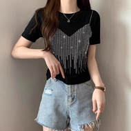 T-Shirt Women Summer New Style Shirt Tight-Fitting Formal Shoulder Short @
