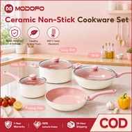 MODOFO 7 Pcs Korean Pink Ceramic kuali non stick  pan corelle cookware Wood Handle Gas Induction Eas