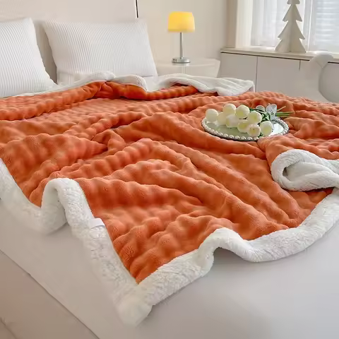 Thick Blankets Coral Fleece Plush Bedsheet Small Square Pattern Solid Color Blanket Fluffy Imitation