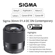 SIGMA 30MM F/1.4 DC DN COMTEMPORARY LENS FOR MIRROLESS CAMERA SONY E MOUNT FUJI FX MOUNT CANON M MOU