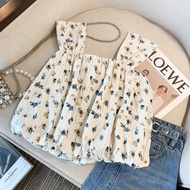 Square Neck Floral Shirt Women Design Feel Sweet Temperament Chic Flying Sleeve Baby Shirt Top Sling