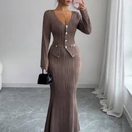 Autumn/Winter New Retro Y2K Baddie Wavy Texture Outfit, Pearl Button Cardigan V-Neck T-Shirt Slim Fi