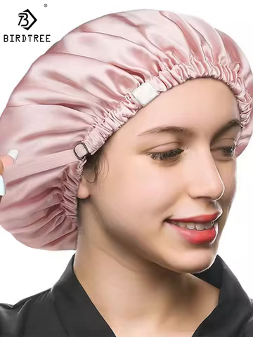 Birdtree 100% Mulberry Silk Bonnet Women Double Layer Sleeping Night Cap Pure Hair Wrap Elastic Head