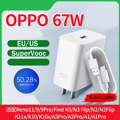 OPPO 67W SuperVOOC EU US Charger Fast Charging Power Adapter USB C Cable For OPPO Reno 11 10 9 Pro F
