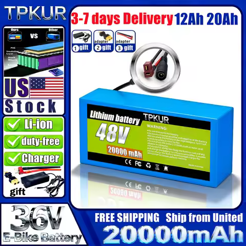 TPKUR 48V Rechargeable Lithium Battery 10Ah 12Ah 18Ah 20Ah 18650 with BMS Suitable for Electric Scoo